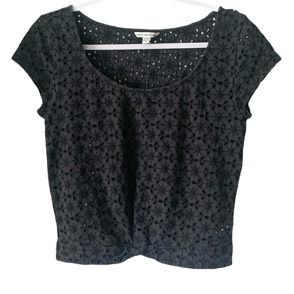 American Eagle Eyelet Front Knot Grey Crop Top